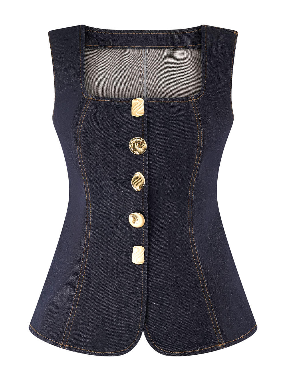 Top med knappar i denim + raka jeans