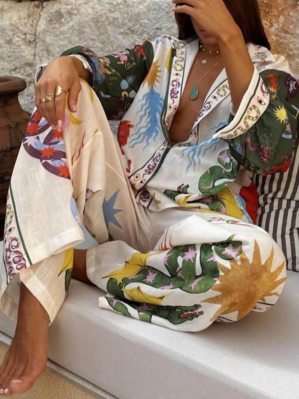 Set med långärmad t-shirt och byxor med elastisk midja, unik tryck