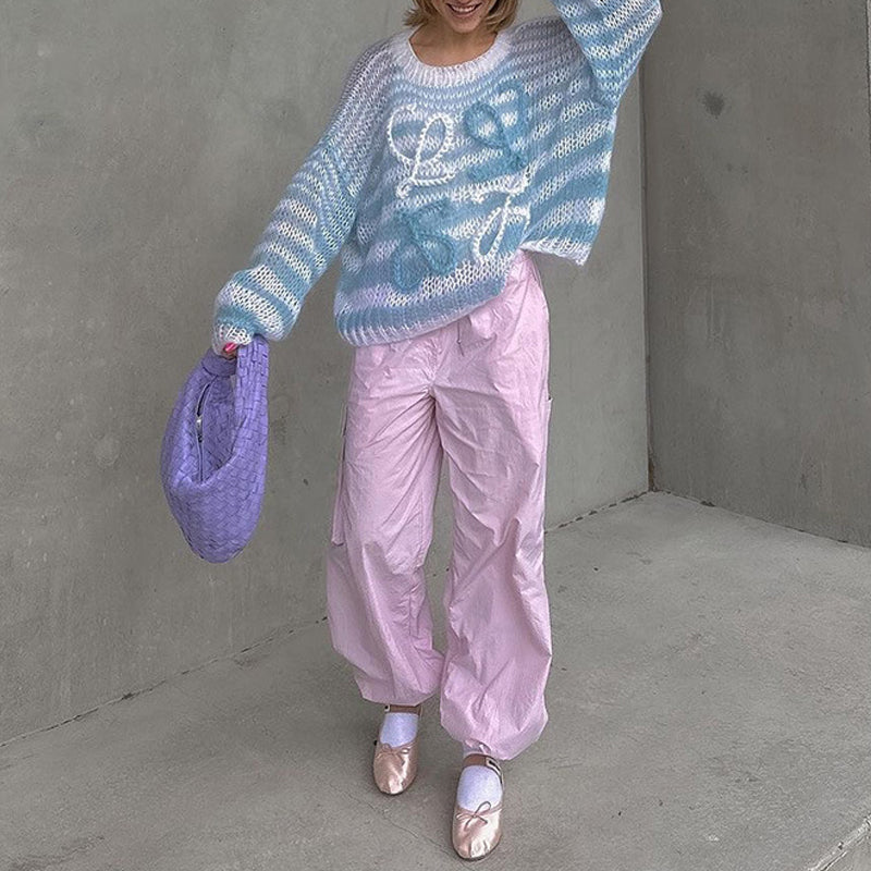 Färgglad Stickad Casual Tröja med Ränder