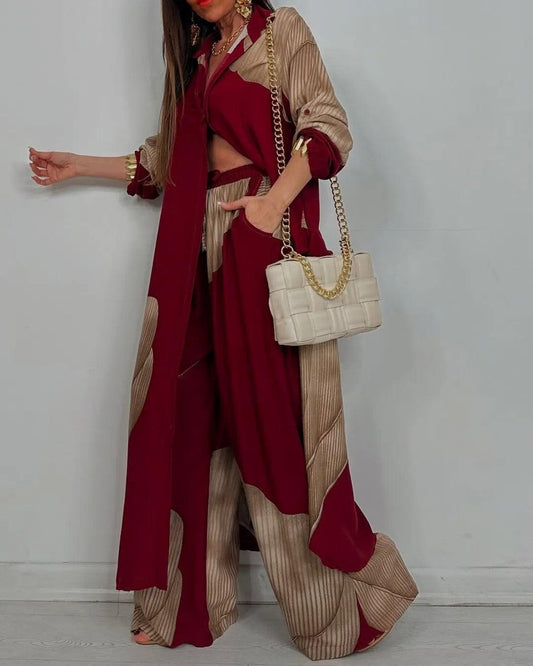 Set casual format med blus med V-ringning och byxor för kvinnor