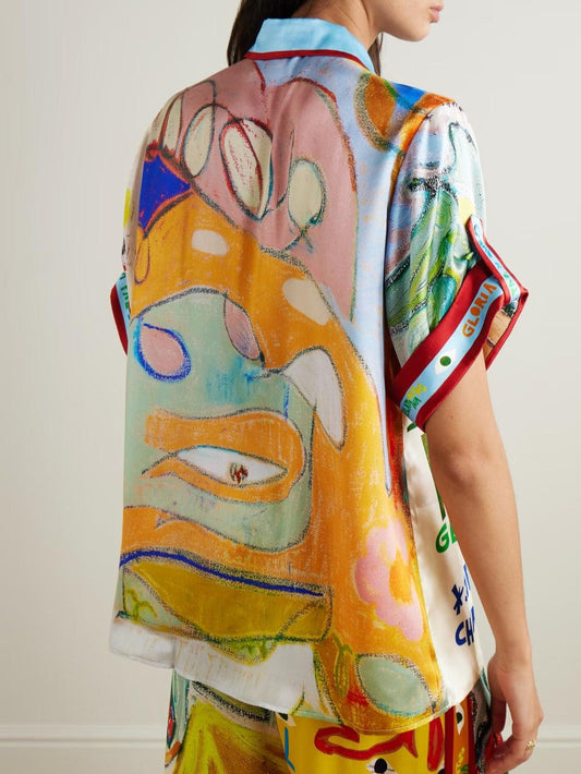 Set med unik mönstrad skjorta i linblandning och byxor med elastisk midja och fickor