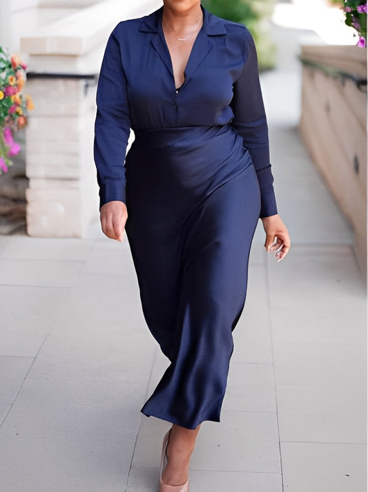 Mörkblå satinblus och lång kjol