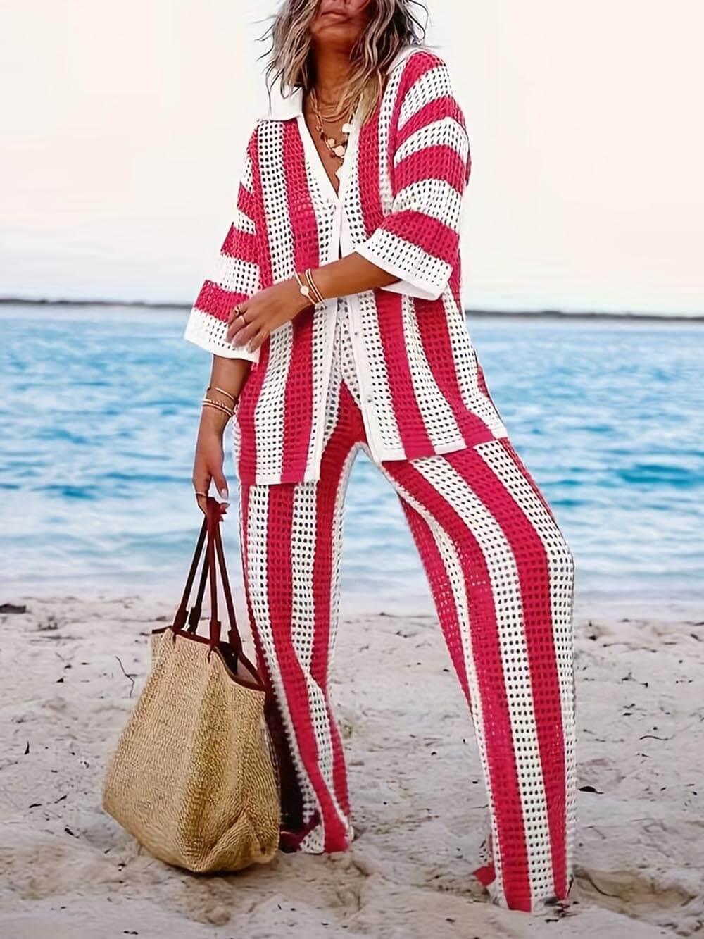 Set med V-ringad skjorta och vida byxor, stiliga