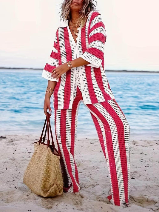 Set med V-ringad skjorta och vida byxor, stiliga