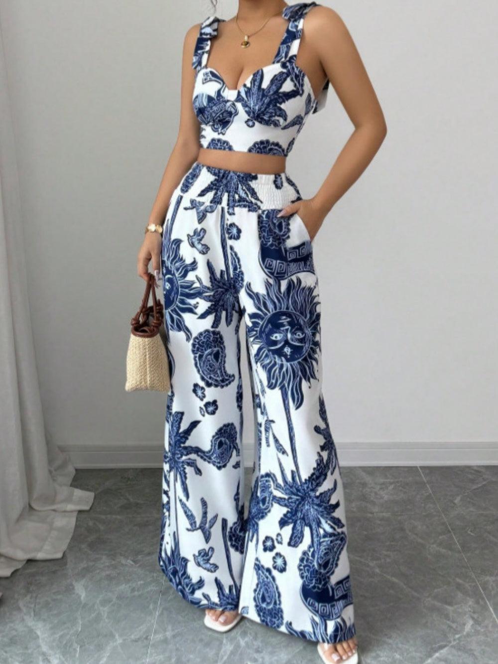 Set top imprimat cu decolteu în V + pantaloni largi