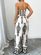 Tryckt jumpsuit med vida ben, slim-fit, med snörning