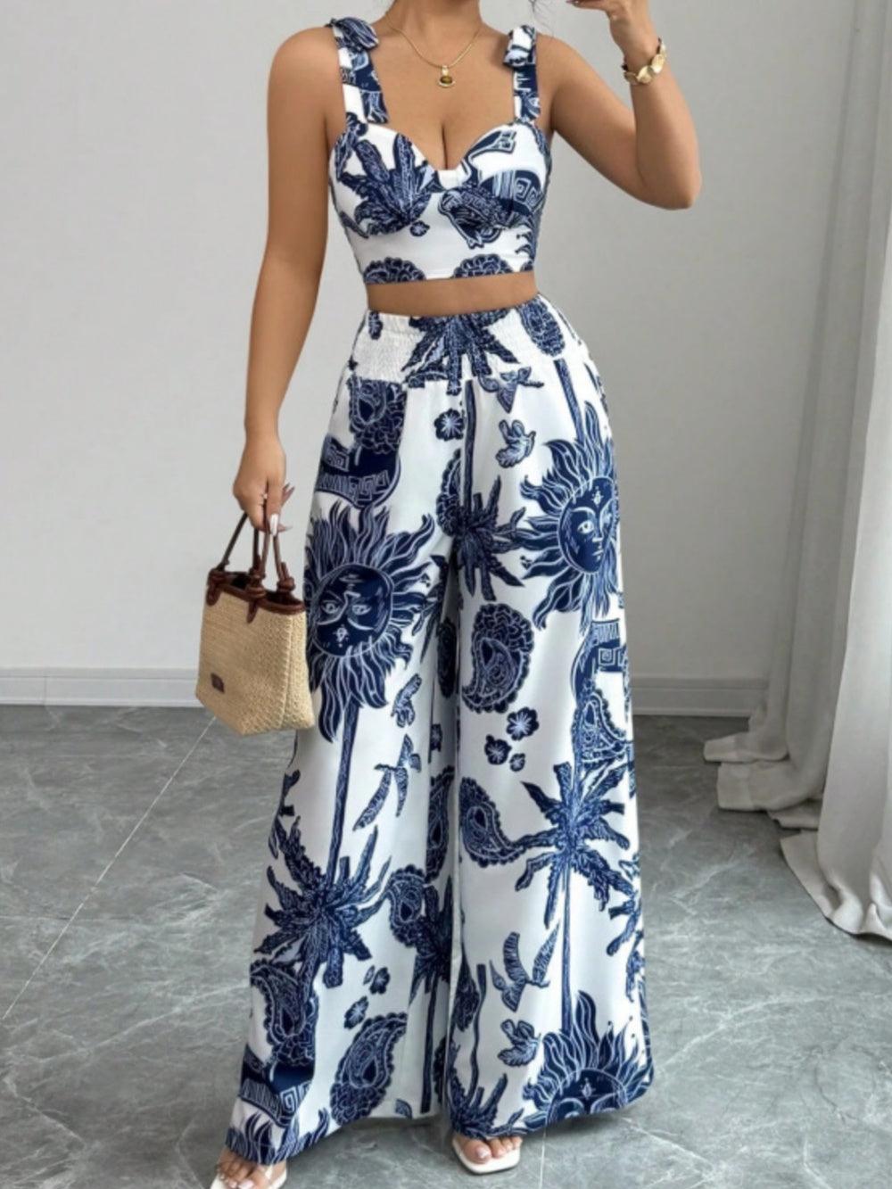 Set top imprimat cu decolteu în V + pantaloni largi