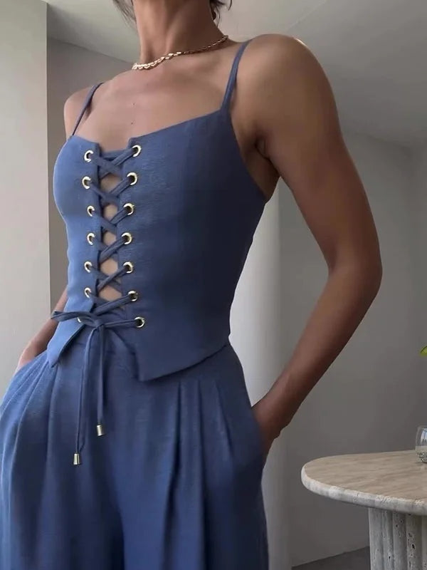 Set med två delar med axelband och rosett i linneblandning