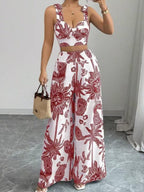 Set top imprimat cu decolteu în V + pantaloni largi