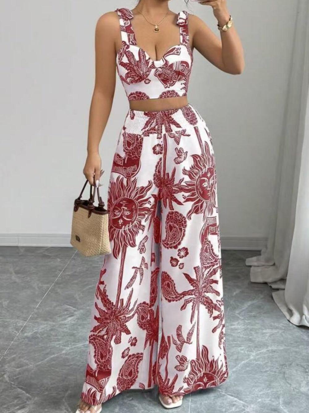 Set top imprimat cu decolteu în V + pantaloni largi