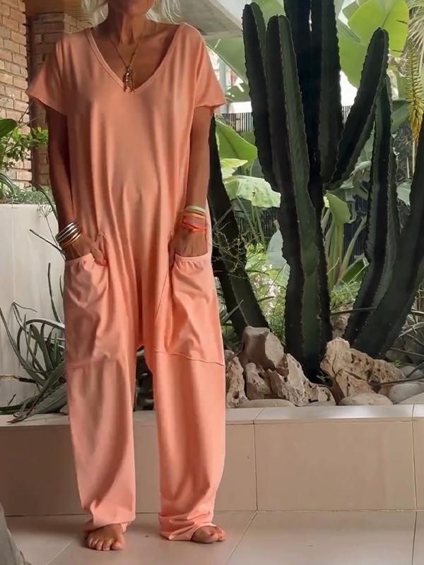Casual jumpsuit med V-ringning, i en färg