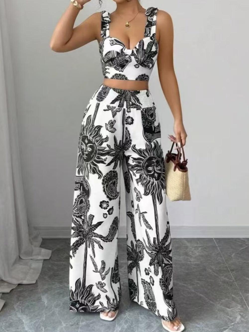 Set top imprimat cu decolteu în V + pantaloni largi