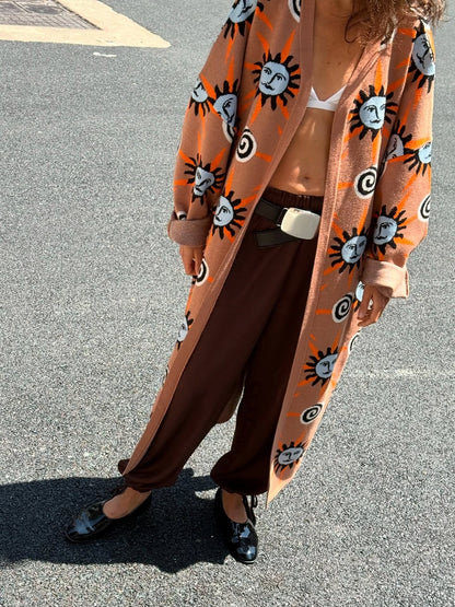 Stickad tröja med lång ärm, tryckt med sol