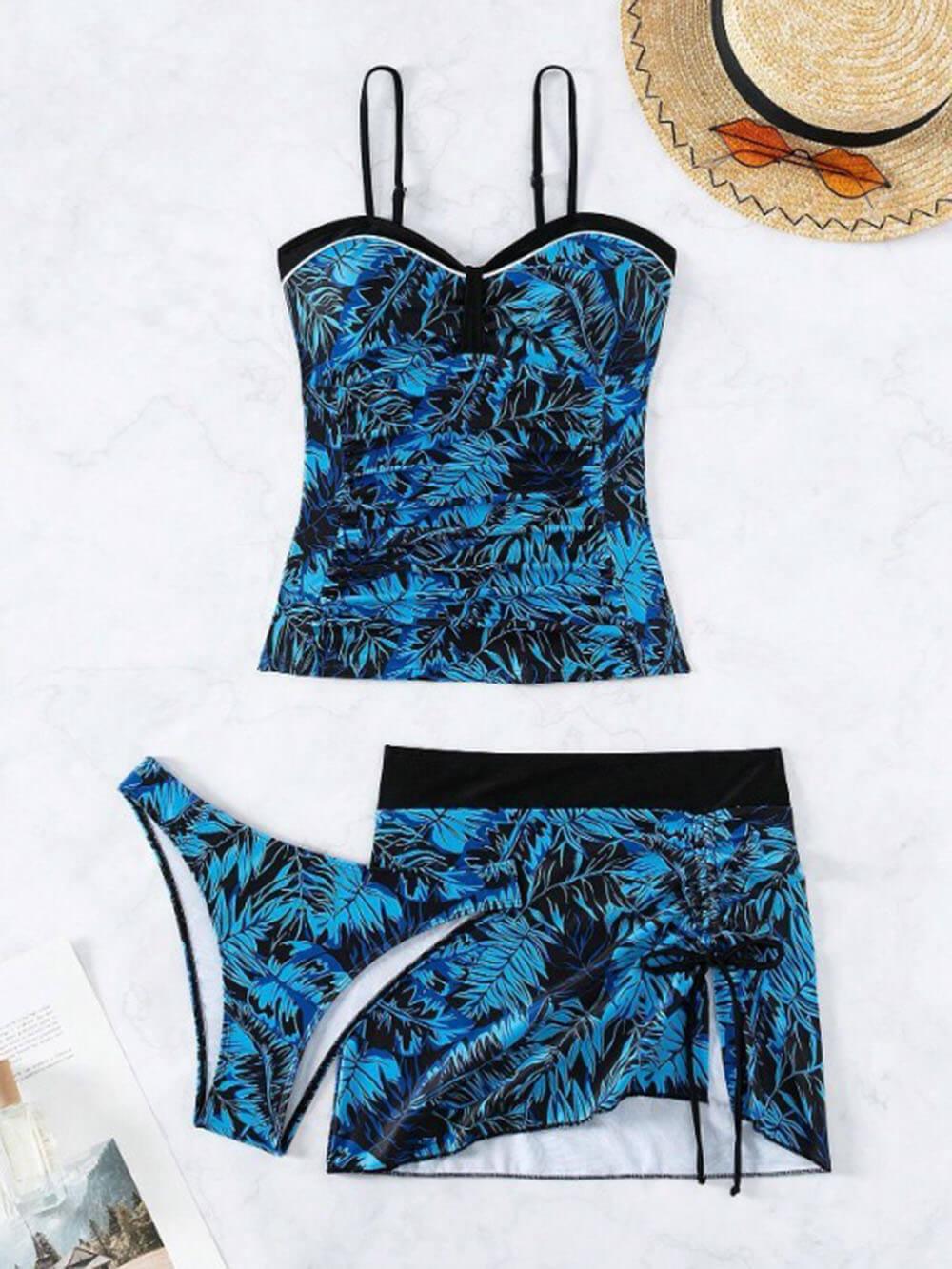 Set de trei piese Tankini cu imprimeu de frunze de nucă de cocos