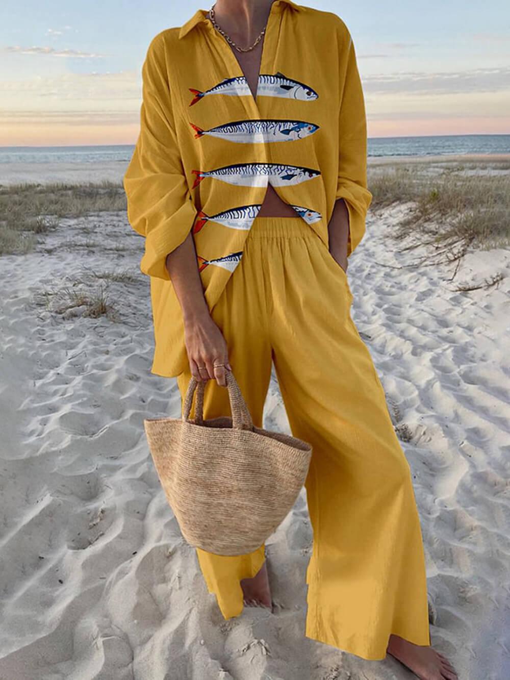 Set cămașă oversized cu imprimeu ocean și pantaloni cu talie elastică și buzunare