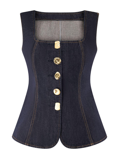 Top med knappar i denim + raka jeans