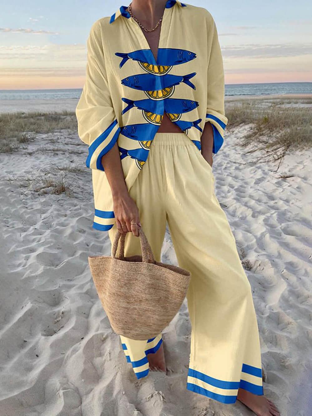 Set cămașă oversized cu imprimeu ocean și pantaloni cu talie elastică și buzunare