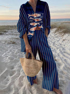 Set cămașă oversized cu imprimeu ocean și pantaloni cu talie elastică și buzunare