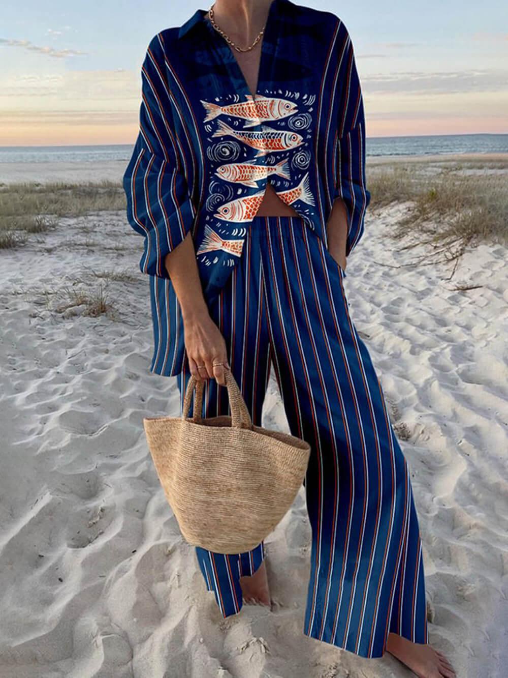 Set cămașă oversized cu imprimeu ocean și pantaloni cu talie elastică și buzunare