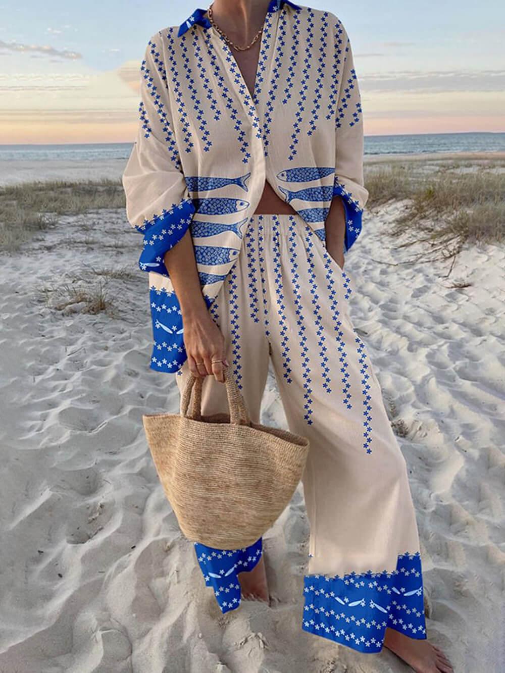 Set cămașă oversized cu imprimeu ocean și pantaloni cu talie elastică și buzunare