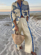 Set cămașă oversized cu imprimeu ocean și pantaloni cu talie elastică și buzunare