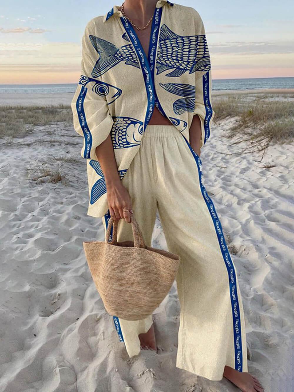 Set cămașă oversized cu imprimeu ocean și pantaloni cu talie elastică și buzunare