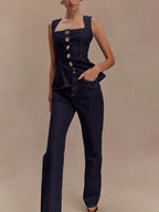 Top din denim cu nasturi + blugi drepți