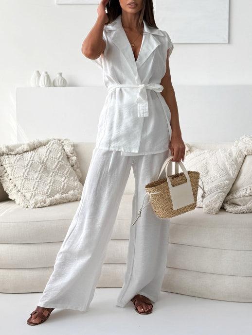 Costum alb fără mâneci, pantaloni largi, costum din două piese