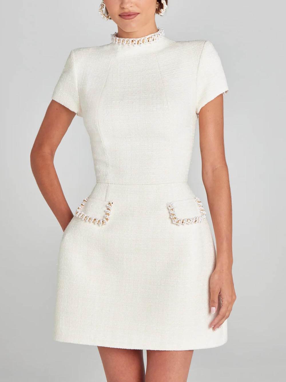 Rochie Mini cu Buzunare și Dantelă Perlată, Exquisită și Jucăușă