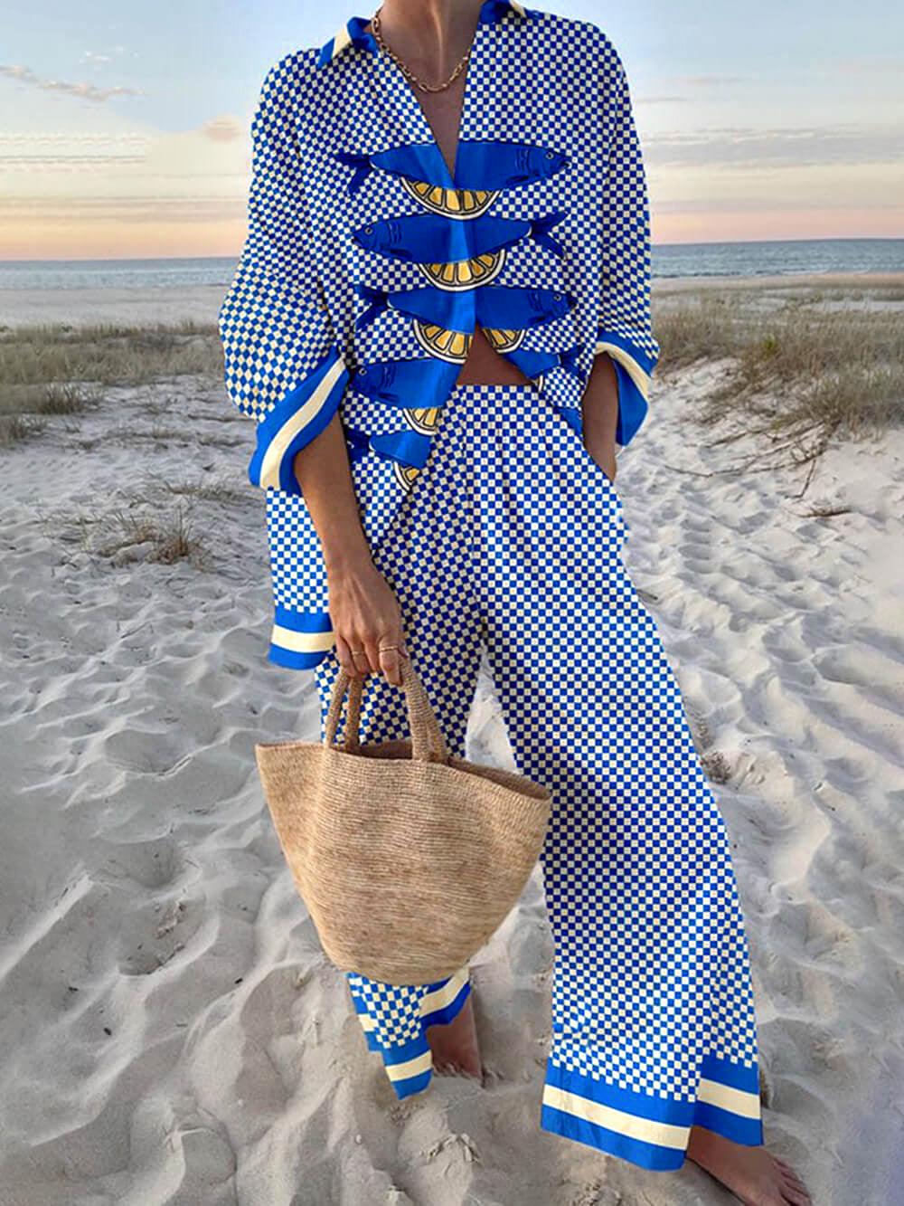Set cămașă oversized cu imprimeu ocean și pantaloni cu talie elastică și buzunare