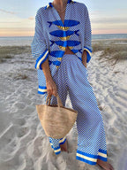 Set cămașă oversized cu imprimeu ocean și pantaloni cu talie elastică și buzunare
