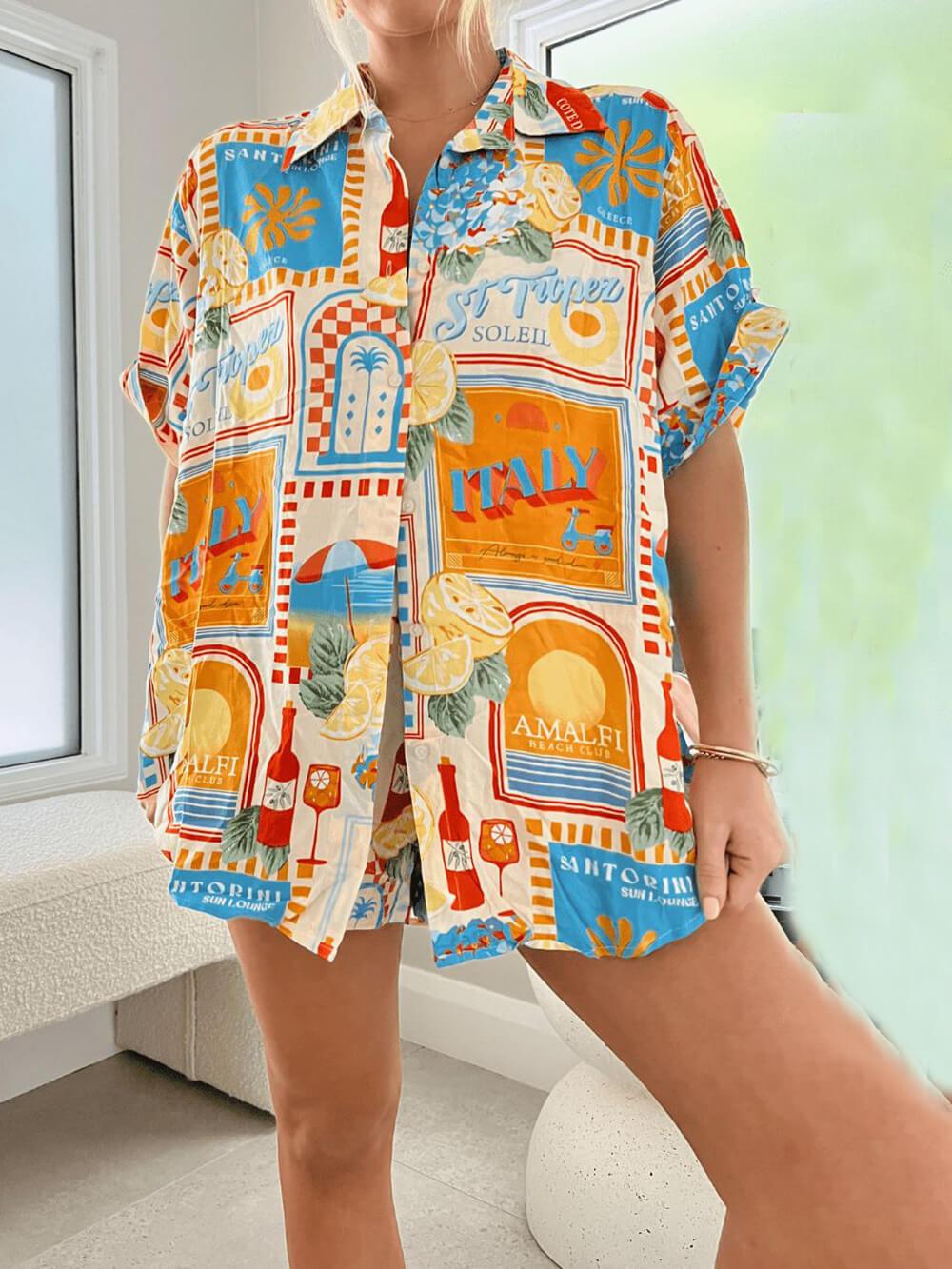 Set de cămașă și pantaloni scurți imprimați, lejer