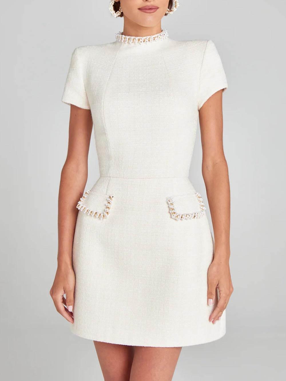 Rochie Mini cu Buzunare și Dantelă Perlată, Exquisită și Jucăușă