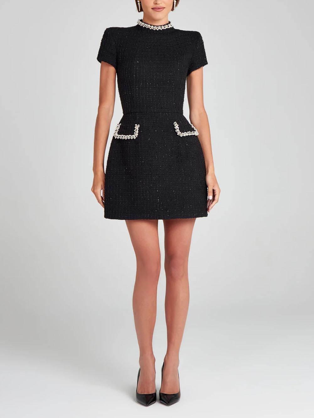 Rochie Mini cu Buzunare și Dantelă Perlată, Exquisită și Jucăușă