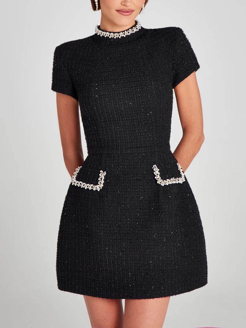 Rochie Mini cu Buzunare și Dantelă Perlată, Exquisită și Jucăușă