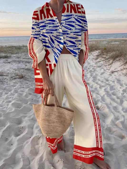 Set med oversized skjorta med casual tryck och vida byxor