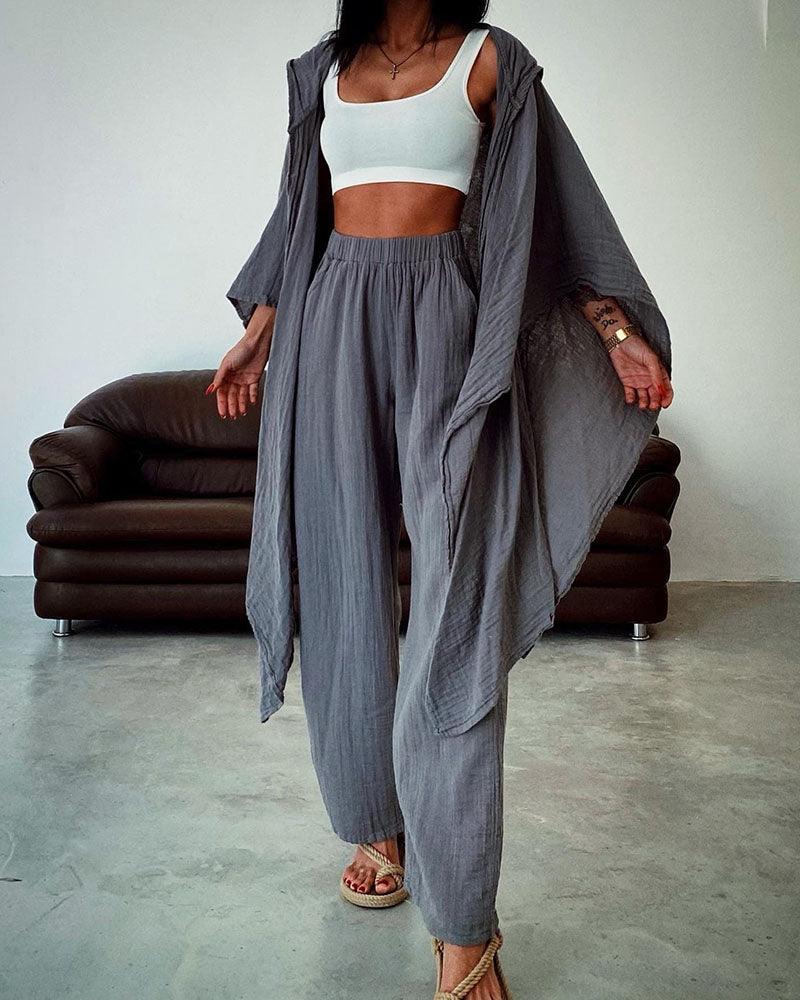Cardigan chic cu glugă, set din bumbac și in, două piese