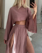 Set casual din bumbac și in cu fante elegant