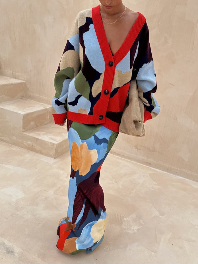 Jachetă Tricotată cu Model Geometric Abstract