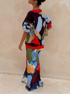 Jachetă tricotată cu model geometric abstract + set fustă