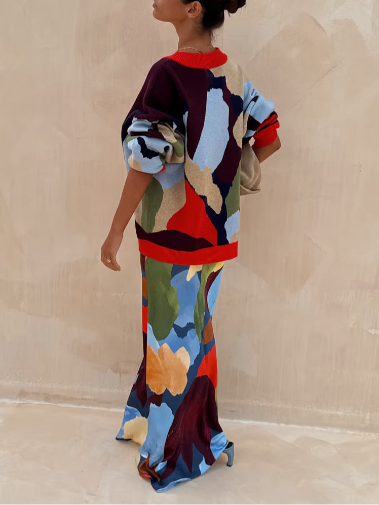 Jachetă tricotată cu model geometric abstract + set fustă