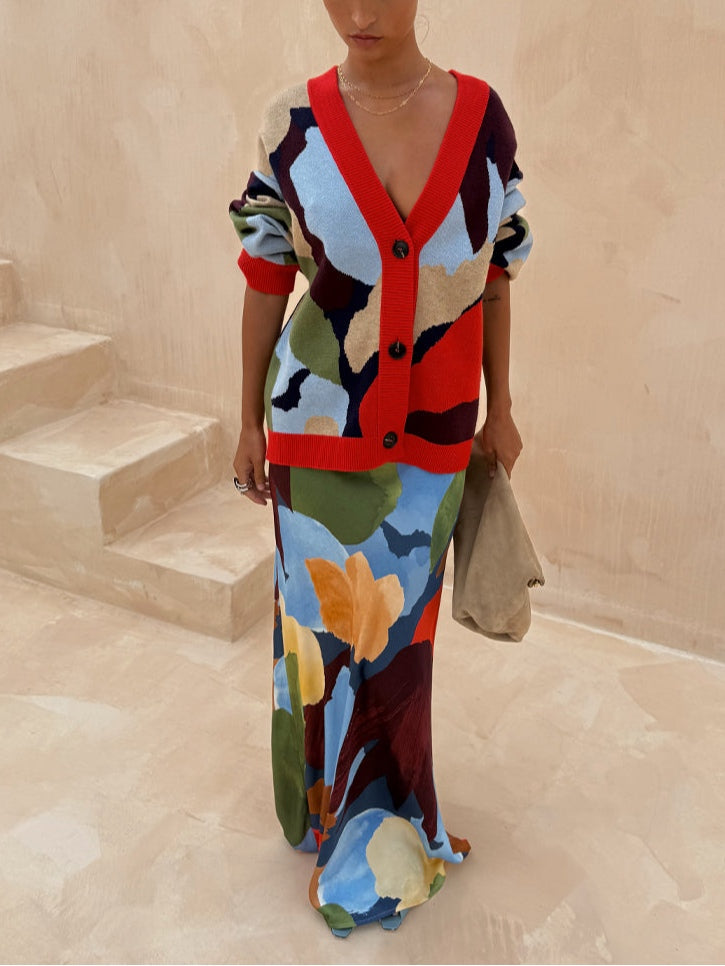 Jachetă tricotată cu model geometric abstract + set fustă