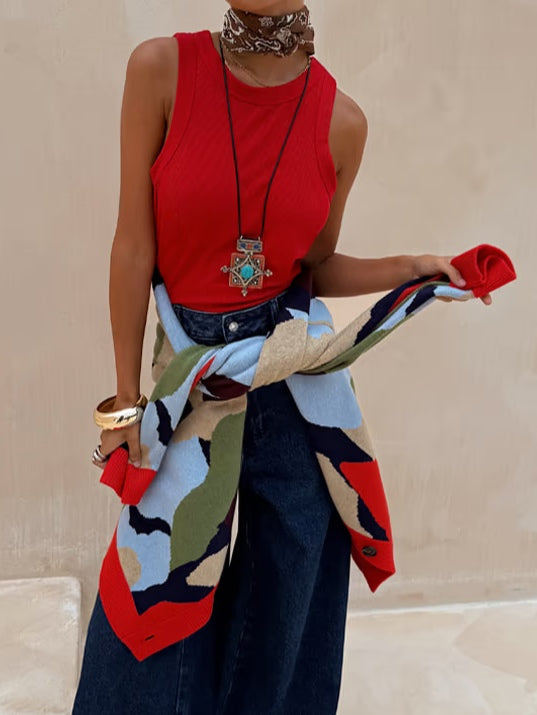 Jachetă tricotată cu model geometric abstract + set fustă