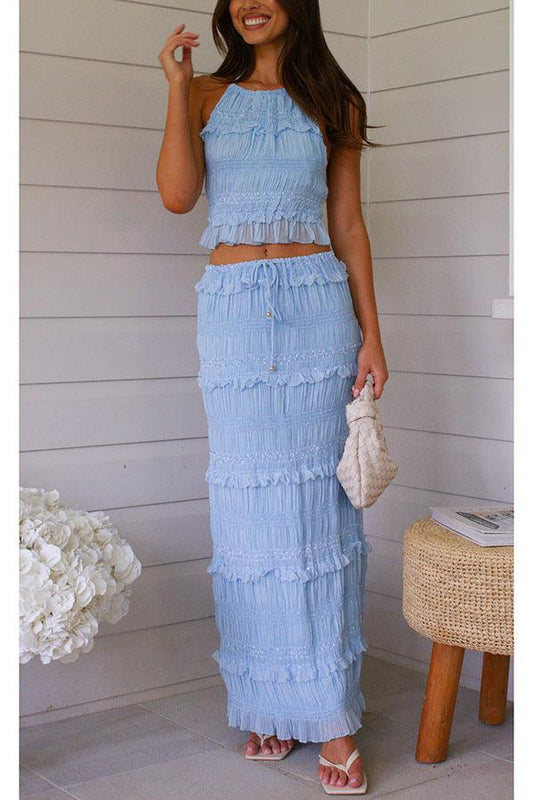 Tvådelad kostym med elastisk midja i chiffon, utan ärmar