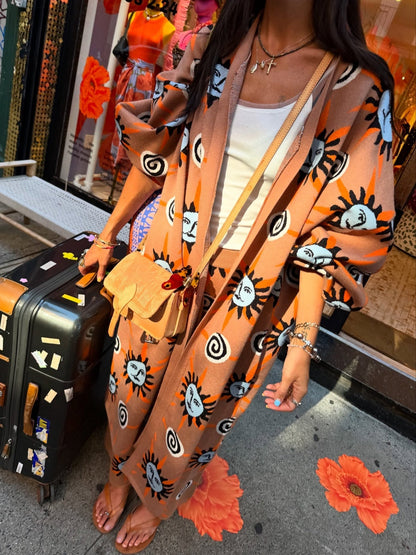 Stickad tröja med lång ärm, tryckt med sol