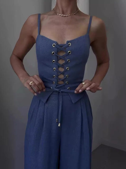 Set med två delar med axelband och rosett i linneblandning