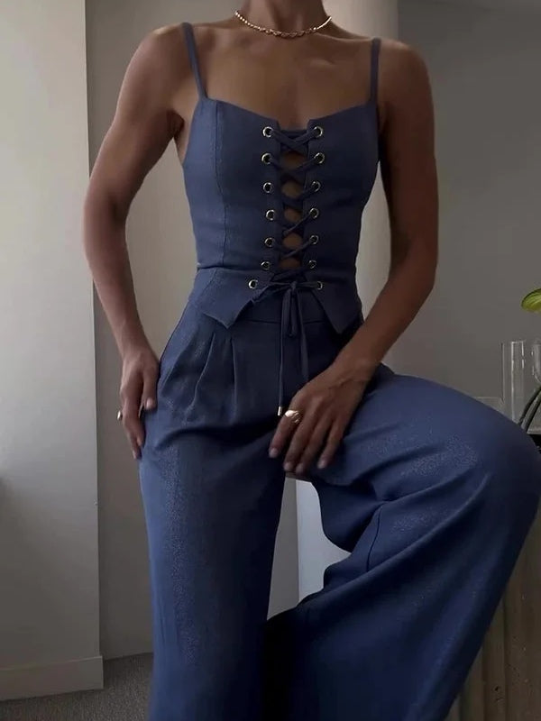 Set med två delar med axelband och rosett i linneblandning