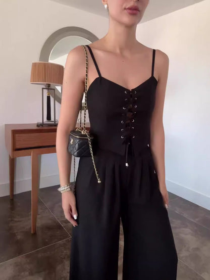 Set med två delar med axelband och rosett i linneblandning