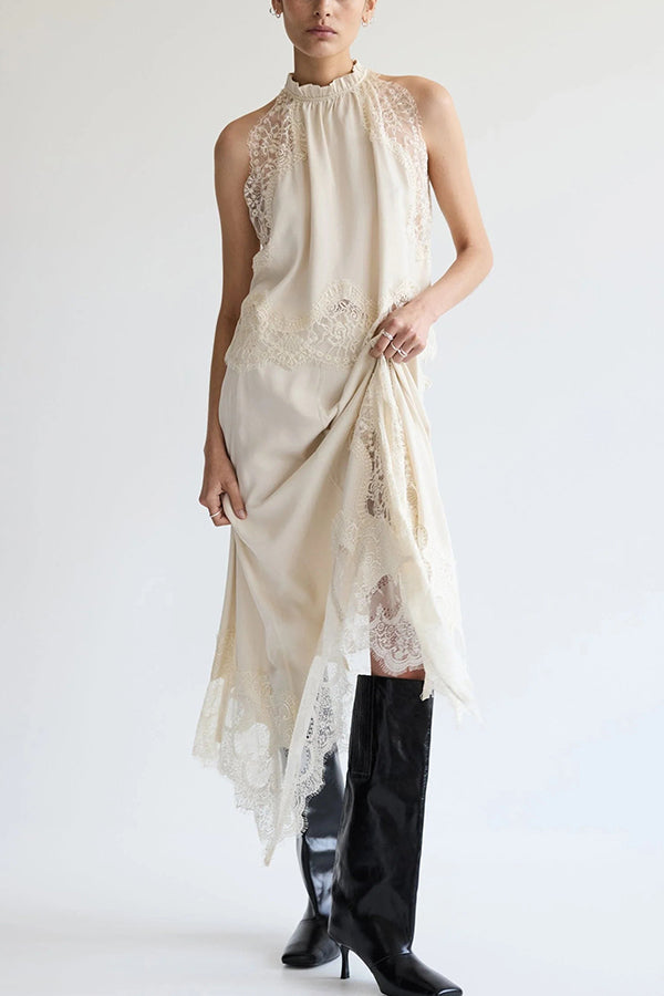 Set med plisserad spetskrage + kjol med ojämna slitsar