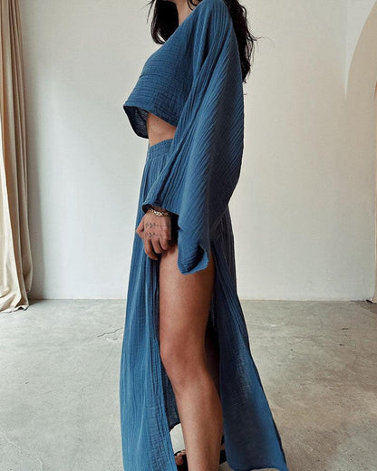 Set casual i bomull och linne med eleganta slitsar